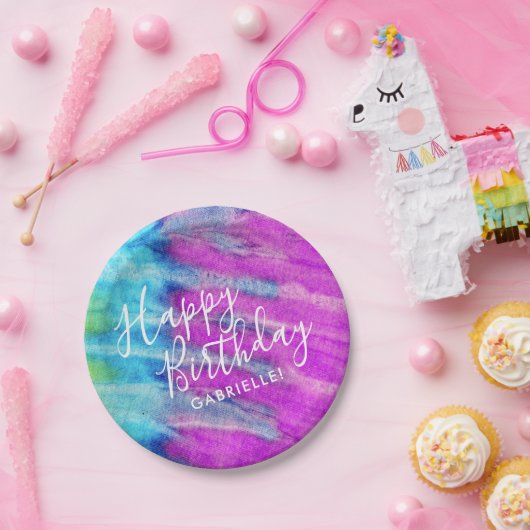 パープルティール（緑がかった色）絞り染めハッピーバースデー名前をカスタムする ペーパープレート (パーティー)