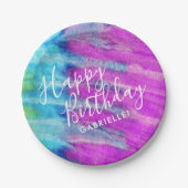 パープルティール(緑がかった色)絞り染めハッピーバースデー名前をカスタムする ペーパープレート (正面)