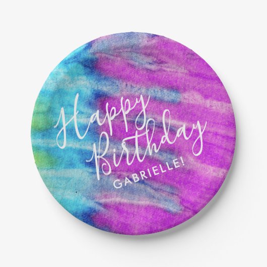 パープルティール（緑がかった色）絞り染めハッピーバースデー名前をカスタムする ペーパープレート (正面)