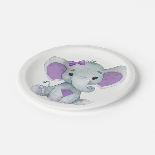 パープルティール（緑がかった色）象プレートベビーシャワー、誕生日 ペーパープレート (アングル)