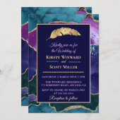 パープルティール(緑がかった色)金ゴールドグリッターアゲ結婚ートズ 招待状 (正面/裏面)