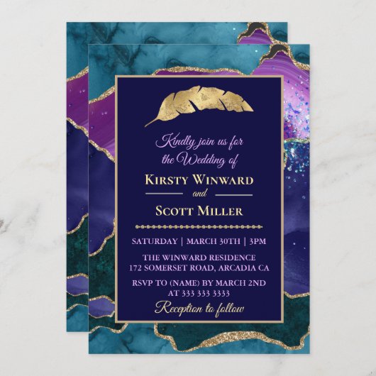 パープルティール（緑がかった色）金ゴールドグリッターアゲ結婚ートズ 招待状 (正面/裏面)