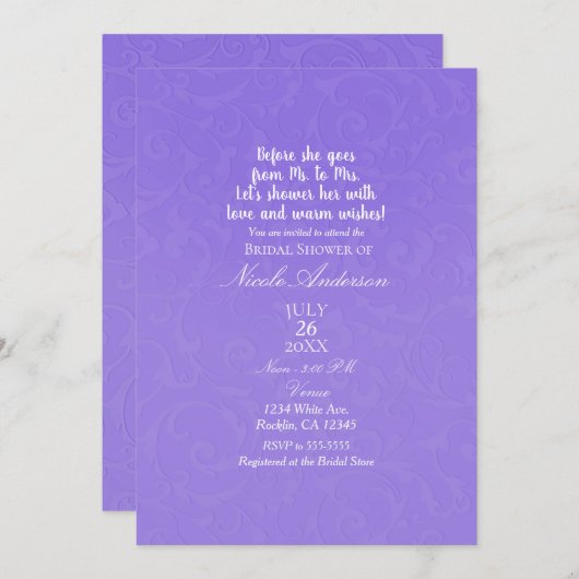 パープルテクスチモダンックエレガントブライダルシャワー 招待状 (正面/裏面)