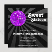 パープルディスコボールスイート16バースデーパーティー 招待状 (正面/裏面)