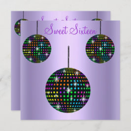 パープルディスコボールSWEET SIXTEENパーティの招待状 招待状