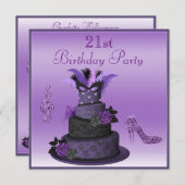 パープルディバケーキ、スパークルハイヒール21歳誕生日 招待状 (正面/裏面)