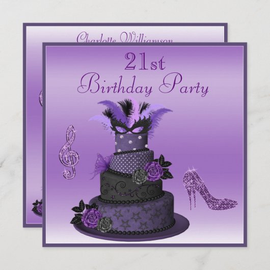 パープルディバケーキ、スパークルハイヒール21歳誕生日 招待状 (正面/裏面)