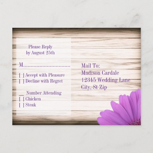 パープルデイジーカントリー素朴ウッドRSVPポストカード インビテーションポストカード (裏面)