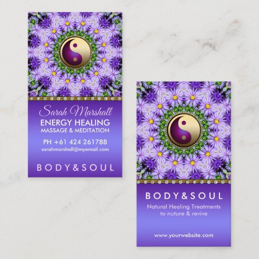 パープルデイジーフラワーズマンダラホリスティックダラヒーリング 名刺 (正面/裏面)