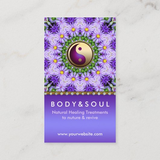 パープルデイジーフラワーズマンダラホリスティックダラヒーリング 名刺 (裏面)