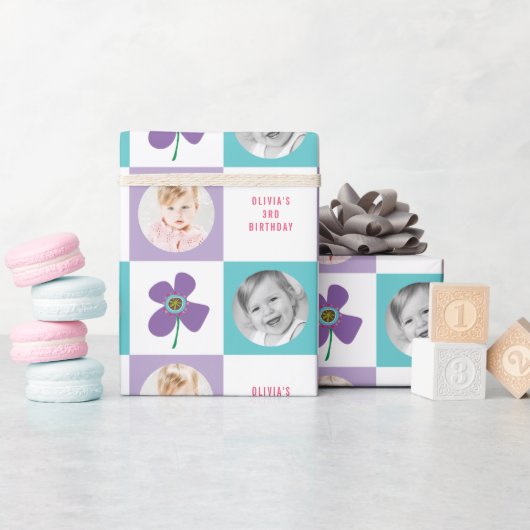 パープルデイジーポップ・アートのフラワーシック誕生日フォトギフト ラッピングペーパー (ベビーシャワー)