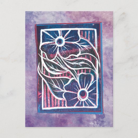 パープルデイジー版画カービンググ芸術的リーン ポストカード (正面)