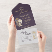 パープルデイジー結婚アンティークズオールインワン招待状