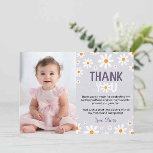 パープルデイジー1stバースデーフォトサンキューカード サンキューカード (スタンド正面)