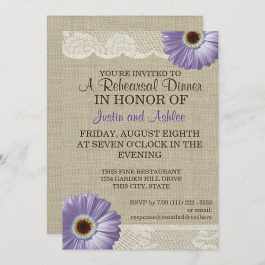 パープルデイジー&レースリハーサルディナーパーティー 招待状 (正面/裏面)
