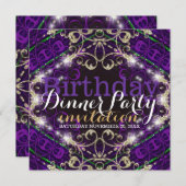 パープルデコールスパークル誕生日ディナーパーティー招待状 招待状 (正面/裏面)