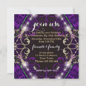 パープルデコールスパークル誕生日ディナーパーティー招待状 招待状 (裏面)