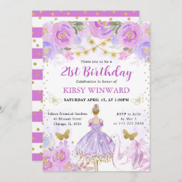 パープルトゥットブロンドヘアバレリーナ誕生日 招待状