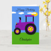 パープルトラクター誕生日カード カード (黄色い花)