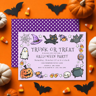 パープルトランクオアトリートキッズクレヨンハロウィンパーティー 招待状