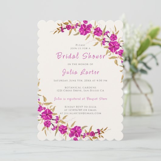 パープルトランペットつる植物フラワーガーデンブライダルシャワー 招待状 (スタンド正面)