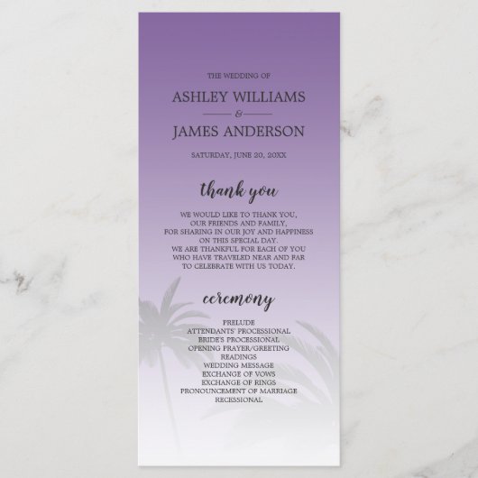 パープルトロピカルパームツリービーチ結婚式 プログラム (正面)