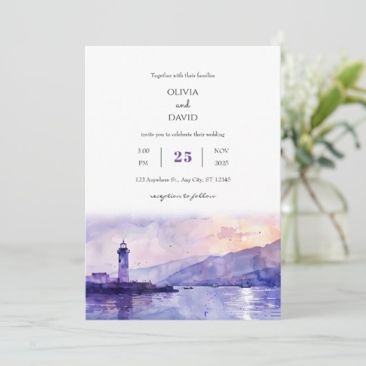 パープルトワイライトライトハウスハーバービーチウェディング 招待状 (スタンド正面)