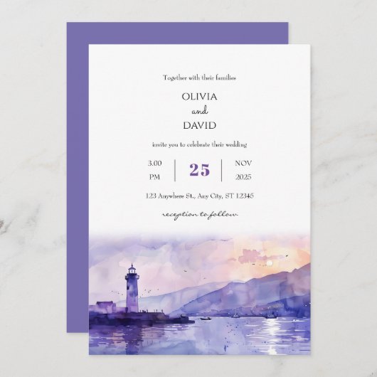 パープルトワイライトライトハウスハーバービーチウェディング 招待状 (正面/裏面)