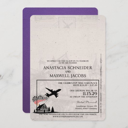 パープルドイツパスポ結婚ート 招待状 (正面/裏面)