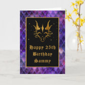 パープルドラゴンはかりで測フェイクグリッターハッピーバースデー カード (黄色い花)