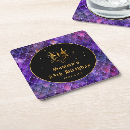 パープルドラゴンはかりで測金ゴールドフェイクグリッター誕生日 スクエアペーパーコースター (アングル)