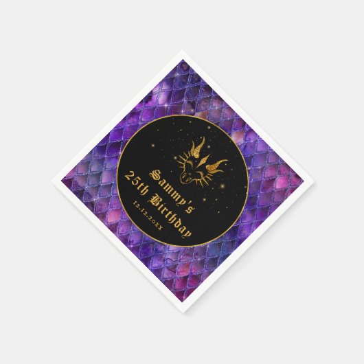 パープルドラゴンはかりで測金ゴールドフェイクグリッター誕生日 スタンダードカクテルナプキン (角)