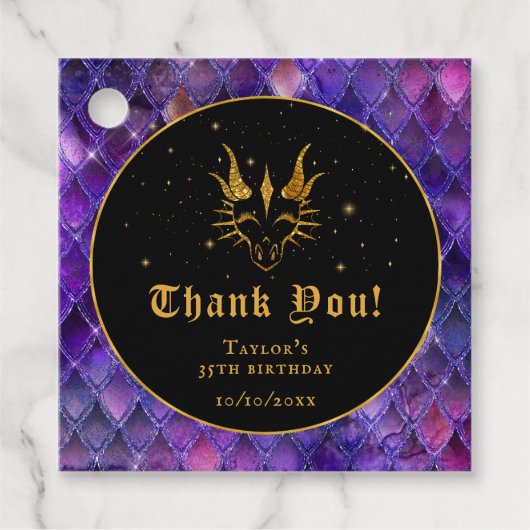 パープルドラゴンはかりで測金ゴールド誕生日ありがとう フェイバータグ (正面)