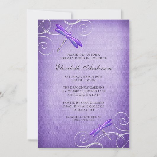 パープルドラゴンフライ スワール ブライダルシャワー 招待状 (正面)