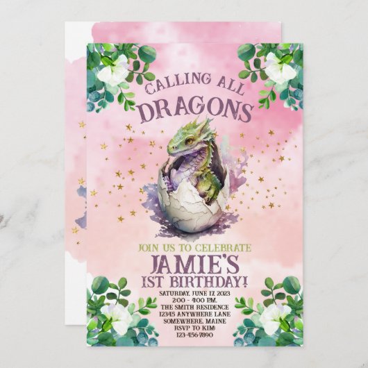 パープルドラゴン誕生日招待状 招待状 (正面/裏面)