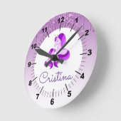 パープルドリッピンググリッター&パープルユニコーン/ ラウンド壁時計 (傾斜)