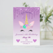 パープルドリッピンググリッター/フローラユニコーン誕生日 招待状 (スタンド正面)