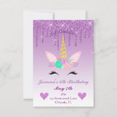 パープルドリッピンググリッター/フローラユニコーン誕生日 招待状 (正面)