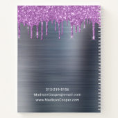 パープルドリップグリッターシルバーブラシ仕上げメタル予約 ノートブック (裏面)