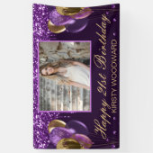 パープルドリップグリッター&金ゴールドバルーン誕生日 横断幕 (縦)