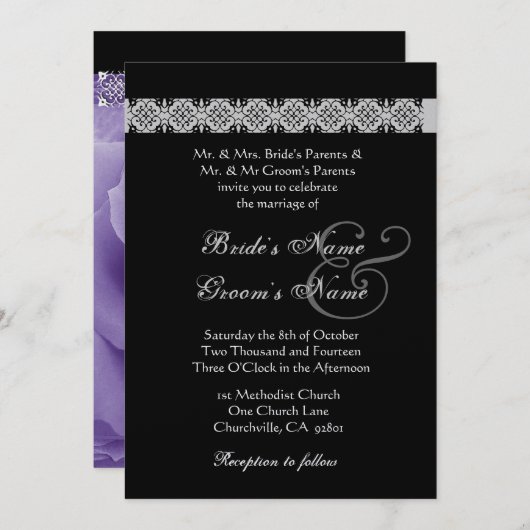 パープルドリームズレースバラ結婚式招待状 招待状 (正面/裏面)