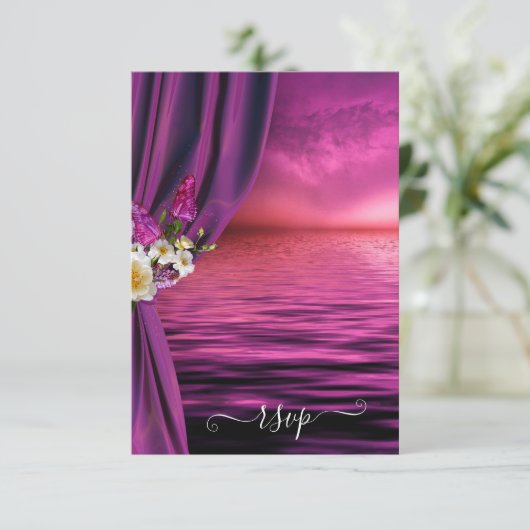 パープルドリーム海バタフライウェディングRSVPカード 招待状 (スタンド正面)