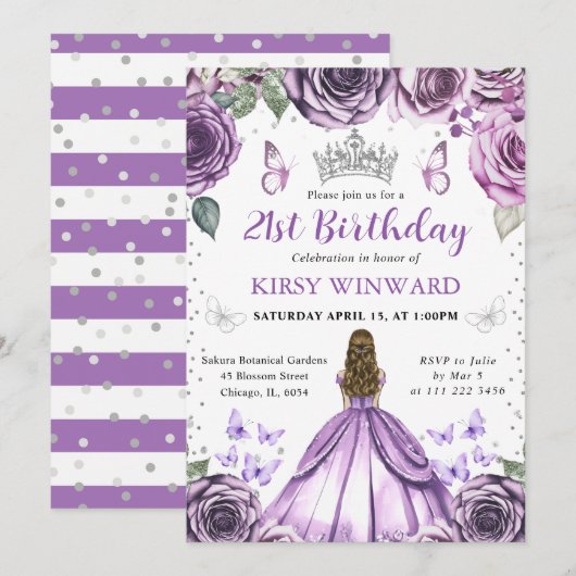 パープルドレスの金髪プリンセスの誕生日 招待状 (正面/裏面)