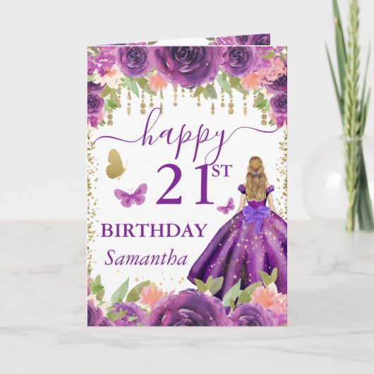 パープルドレスの金髪プリンセス誕生日 カード (正面)