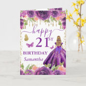 パープルドレスの金髪プリンセス誕生日 カード (黄色い花)