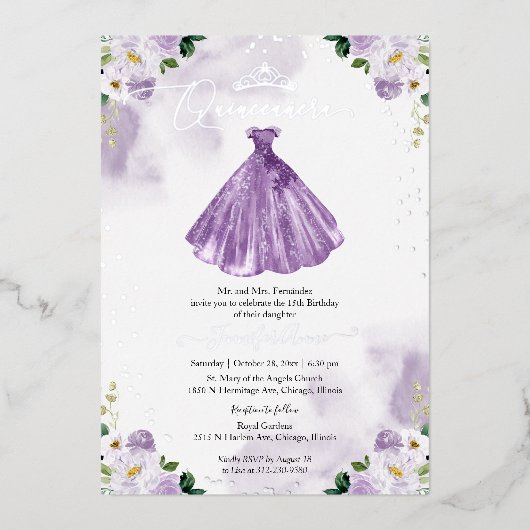 パープルドレスキンチェネラ 箔招待状 (正面)