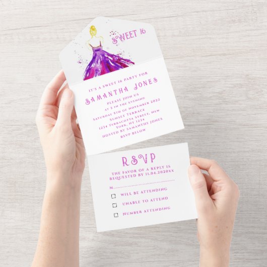 パープルドレススウィート16フローラ16 ガーリー エレガント オールインワン招待状 (貼ってはがせる)