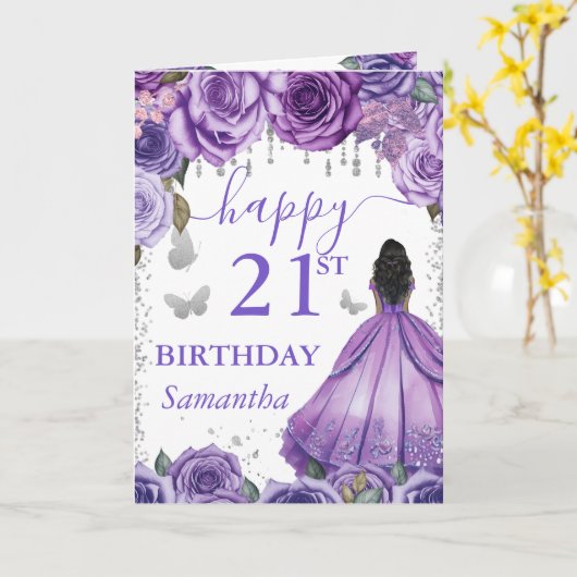 パープルドレスダークスキンプリンセス誕生日 カード (黄色い花)