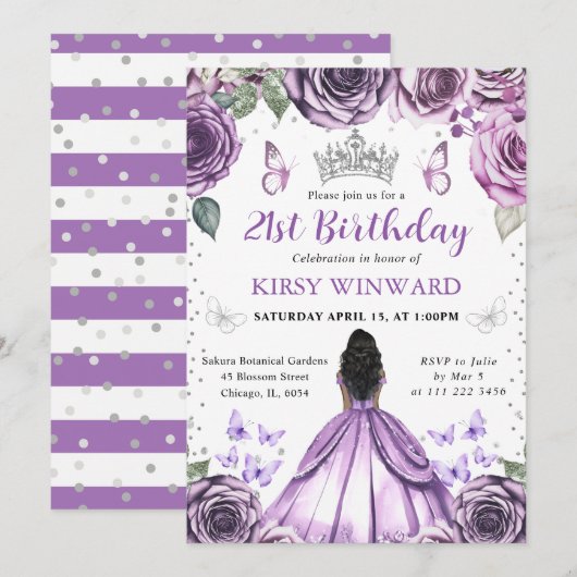 パープルドレスダークスキンプリンセス誕生日 招待状 (正面/裏面)