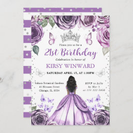 パープルドレスダークスキンプリンセス誕生日 招待状